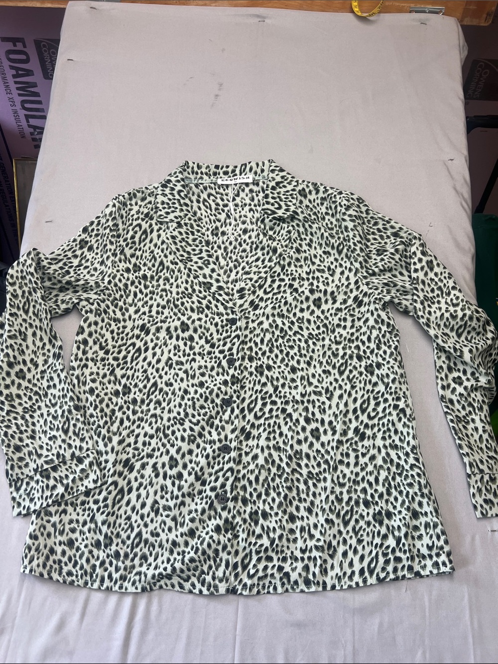 Leopard Print Button-Front Blouse in Sage and Black0869-a1